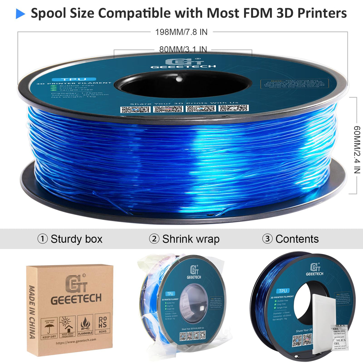 Geeetech TPU Filament 1.75mm, Shore 95A Flexible 3D Printer Filament with High Elasticity, 1KG (2.2lbs) Spool, Dimensional Accuracy ±0.03mm, Fits Most FDM Printers, Clear Blue Geeetech