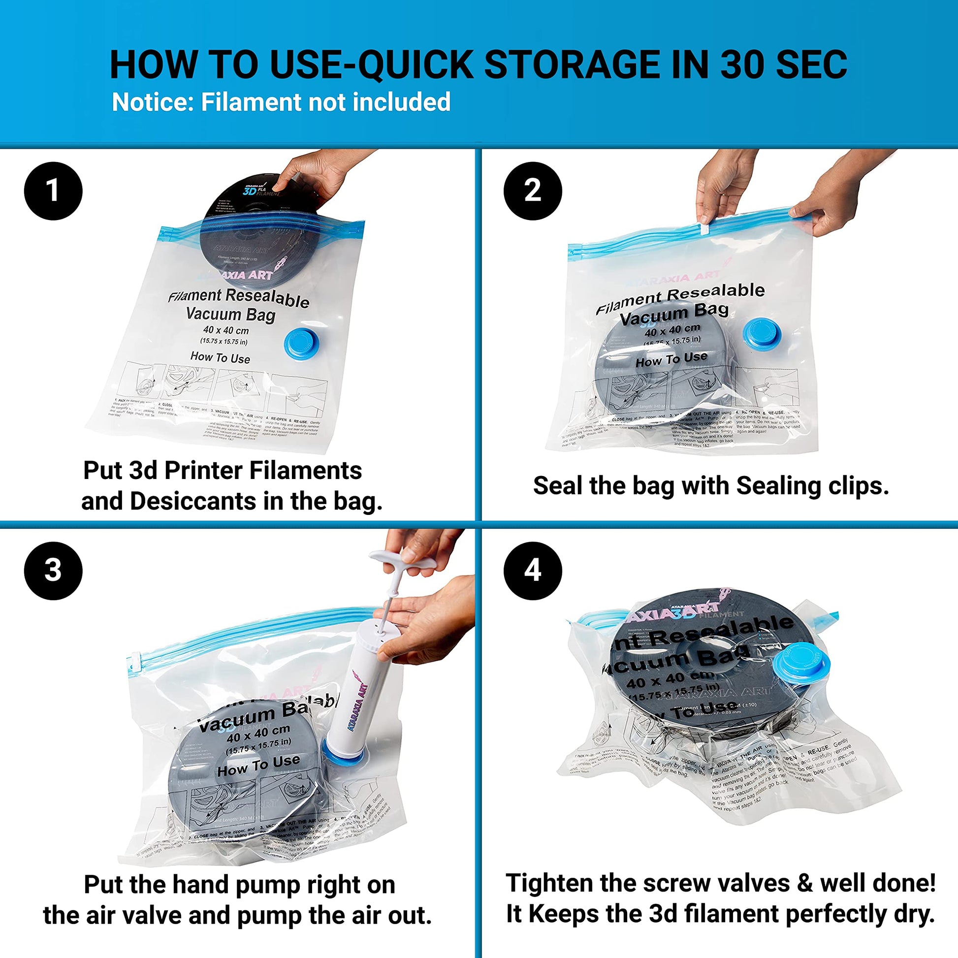 ATARAXIA ART Filament Storage Bags Kit 21pcs,3D Printer Filament PLA Storage Vacuum Sealed Compression 5 Bags,1 Bag Store 2 Spool, Box 5 Storage Bag/Desiccant/Humidity Indicator Cards/Clips/H - WoodArtSupply