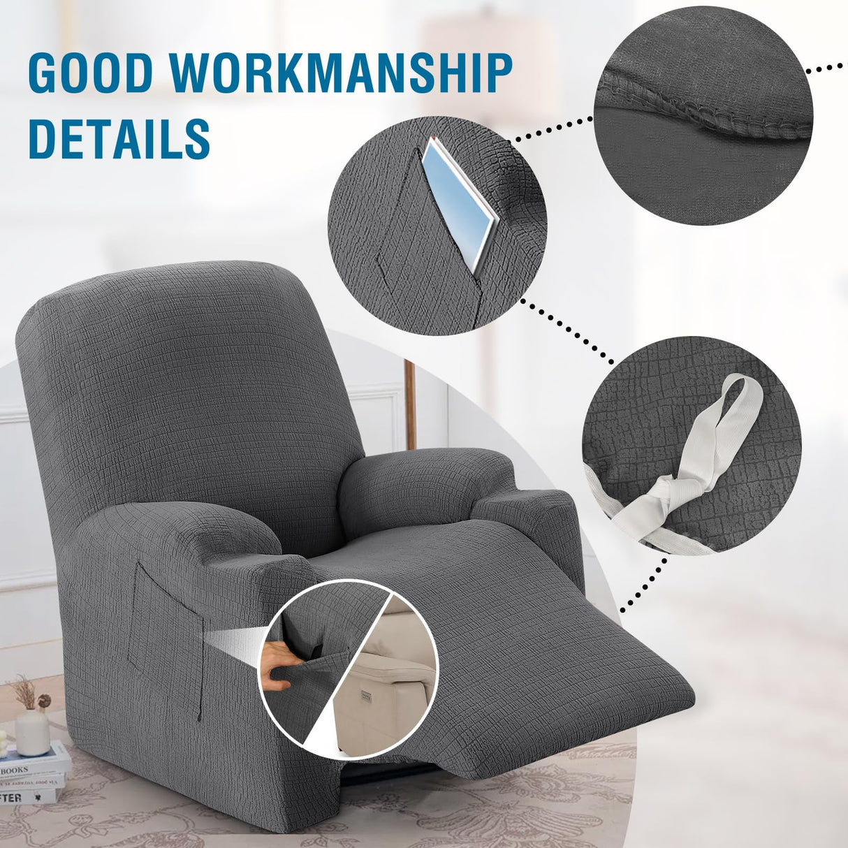 H.VERSAILTEX 100% Waterproof Recliner Chair Cover,Stretch Jacquard Couch Cover for Recliner Electric Power Lift Recliner Chair Slipcover for Elderly Fitted Standard with Side Pocket,Grey H.VERSAILTEX