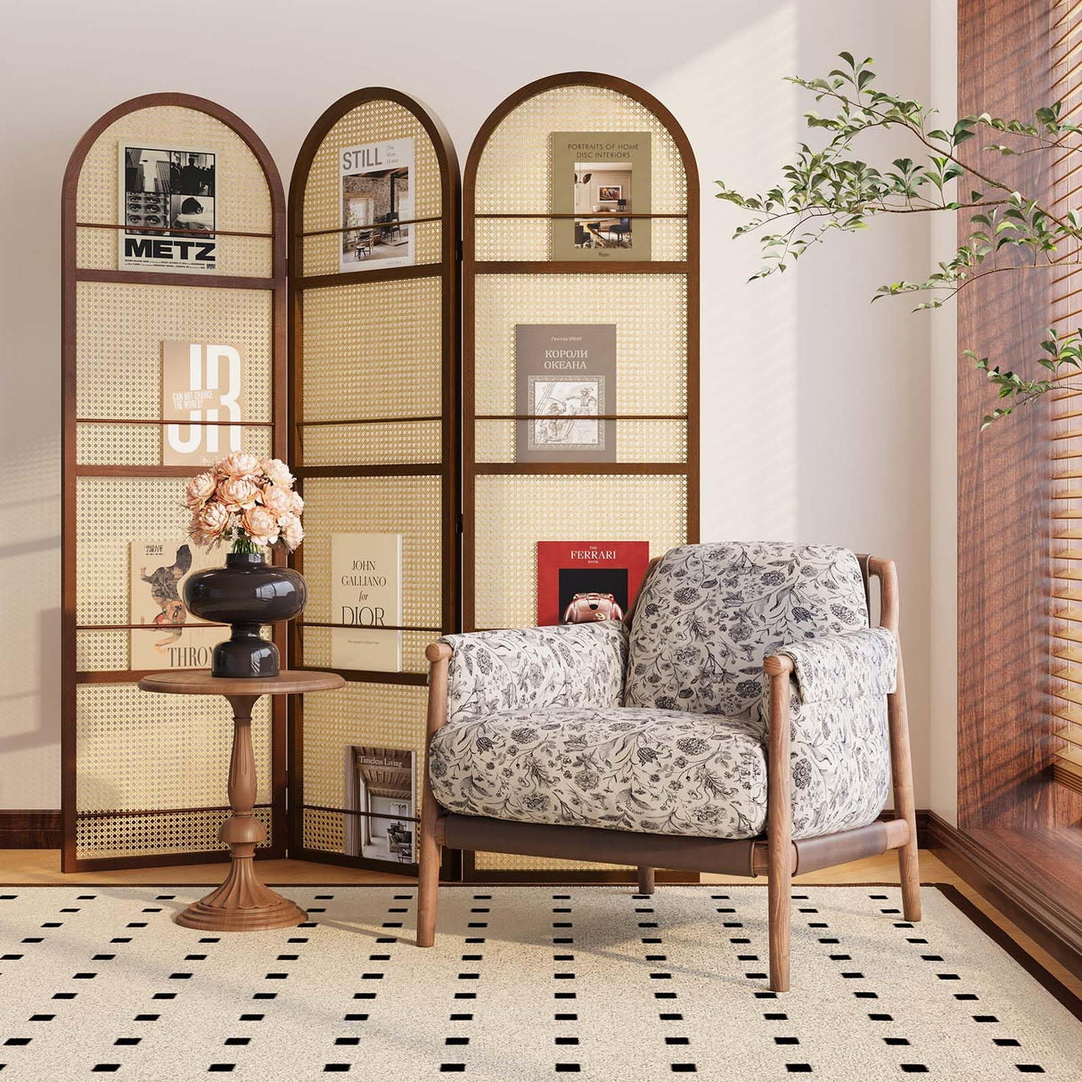 Rattan Room Divider with Bookshelf,Privacy Screen for Home Office & Bedroom,Portable Partition, Wooden Frame Svimi