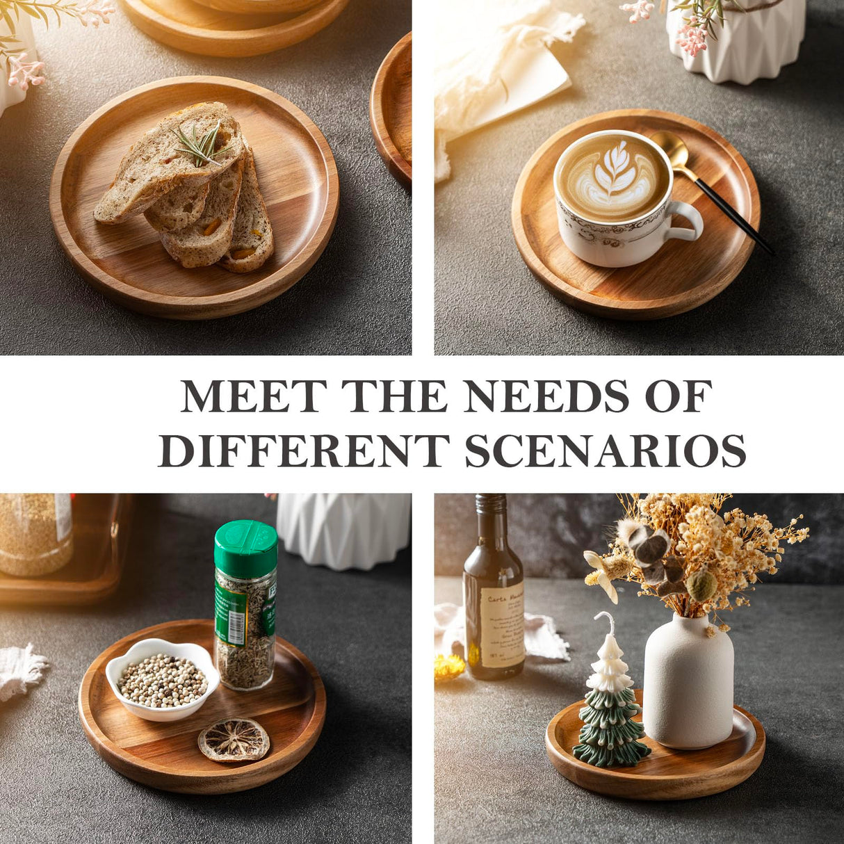 Kitchen Dinner Plate Set of 4, James.F 6.7” Small Round Acacia Wooden Serving Tray and Plates for Coffee, Tea, Snacks, Deserts, Appetizer, Wood Candle Holder Tray Home Decor, Table Centerpieces JF JAMES.F
