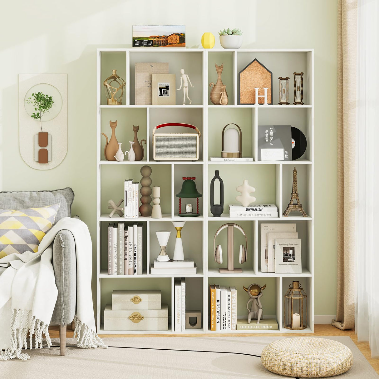 Nightcore 63” Tall Freestanding Display Shelf, 5-Tier Geometric Bookcase with 10 Storage Cubbies, Anti-toppling Devices, Modern Bookshelf for Living Room, Bedroom, Home Office, White WoodArtSupply