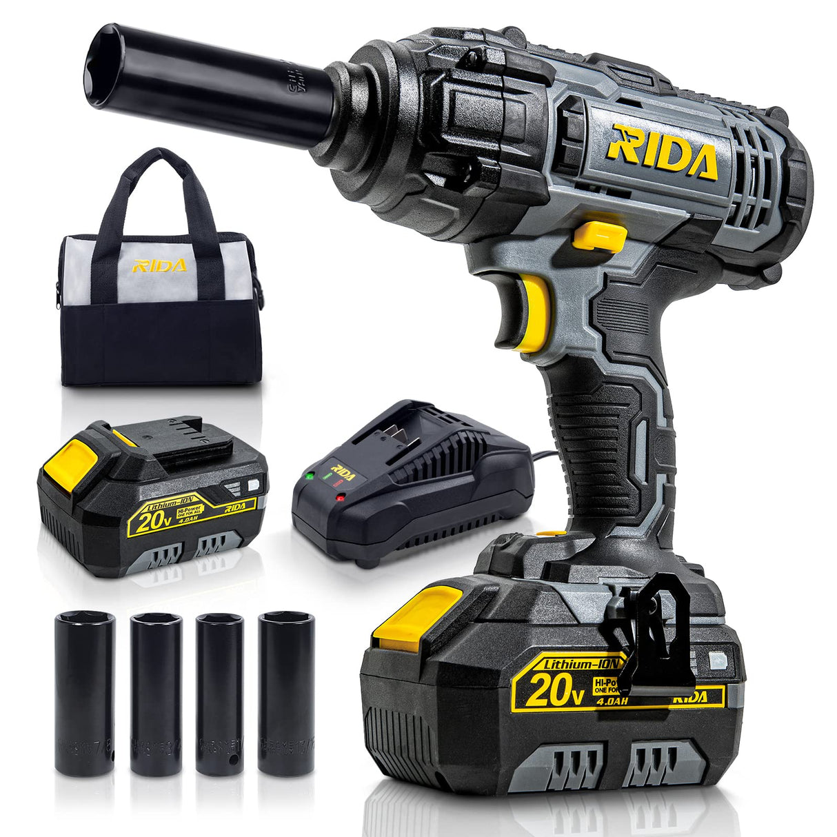 RIDA Cordless Impact Wrench, 1/2 POWER Impact Gun w/ 5 Torque Options Max 300 Ft-lbs (400N.m) Power w/ 4.0Ah Li-ion Battery & 1 Hour Fast Charger, 4 Sockets, Electric Impact Wrench for Car Home RIDA
