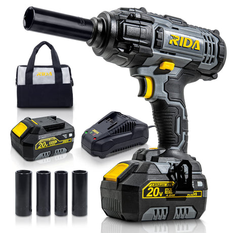 RIDA Cordless Impact Wrench, 1/2 POWER Impact Gun w/ 5 Torque Options Max 300 Ft-lbs (400N.m) Power w/ 4.0Ah Li-ion Battery & 1 Hour Fast Charger, 4 Sockets, Electric Impact Wrench for Car Home RIDA