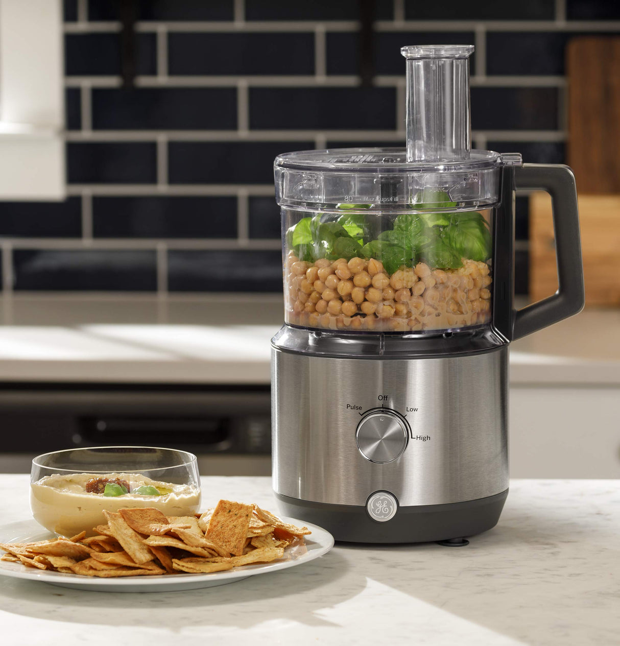 GE Food Processor |12 Cup | Complete with 3 Feeding Tubes & Stainless Steel Accessories-3 Discs + Dough Blade | 3 Speed | for Shredded Cheese, Chicken & More | Kitchen Essentials | 550 Watts GE