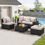 Jing's Villa 5-Piece Patio Furniture Set, All-Weather Outdoor Wicker Sectional Sofa with Cushions, Tempered Glass Table & Ottoman, Rattan Conversation Seating for Porch, Garden, Backyard,Beige Jing's Villa