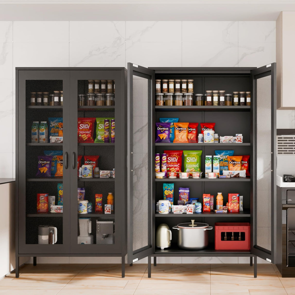 COFaR Metal Mesh Cabinet with 2 Mesh Doors and Adjustable Shelves, Versatile Storage for Kitchen, Laundry Room, Living Room, Office, Curio Display (72" Black) COFaR