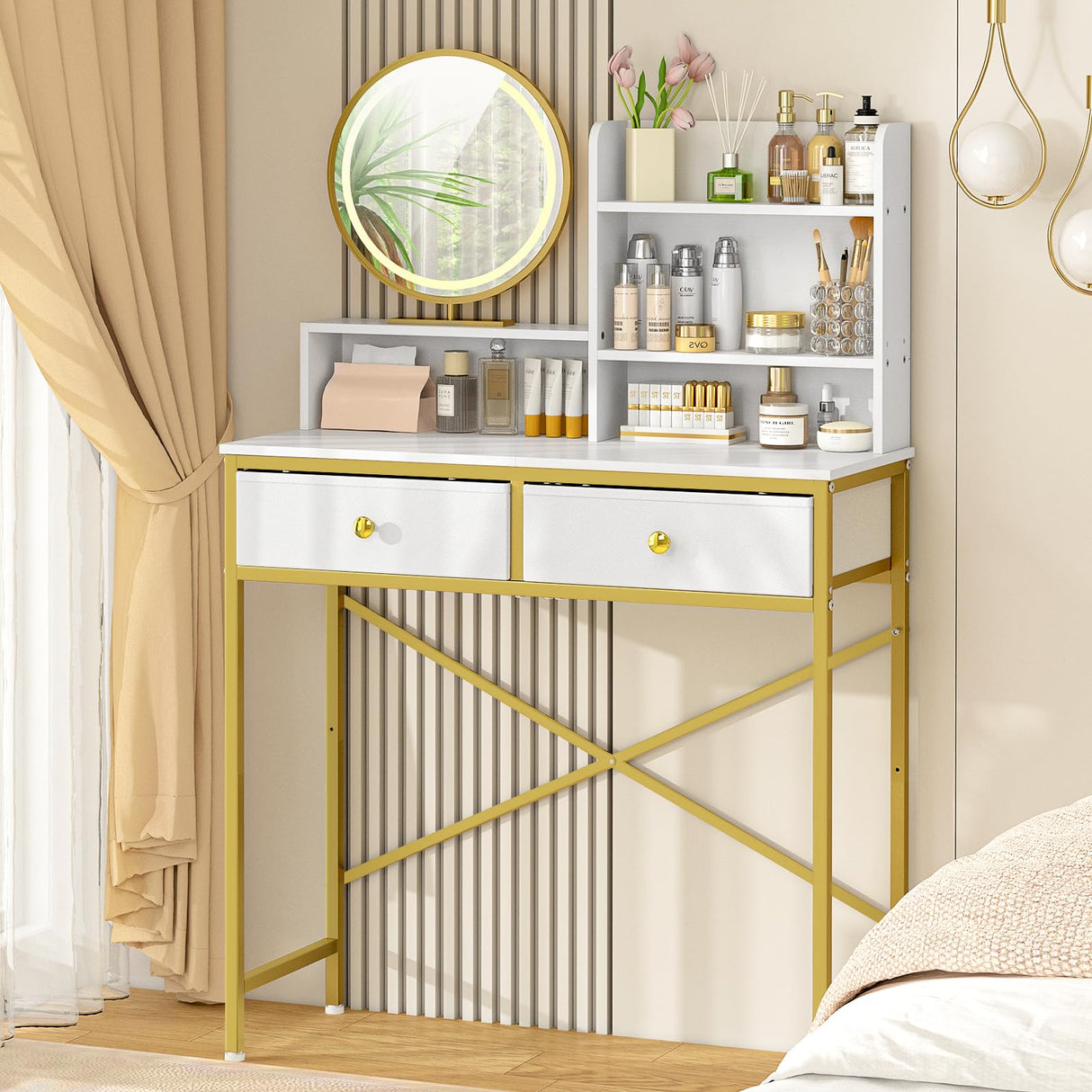 Makeup Vanity Desk No Mirror for Bedroom, Vanity Table Set with 2 Drawer and Open Storage Shelves, Small Vanity for Small Spaces, White and Gold, 31.5in(L) ThreeHio