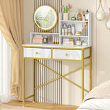 Makeup Vanity Desk No Mirror for Bedroom, Vanity Table Set with 2 Drawer and Open Storage Shelves, Small Vanity for Small Spaces, White and Gold, 31.5in(L) ThreeHio