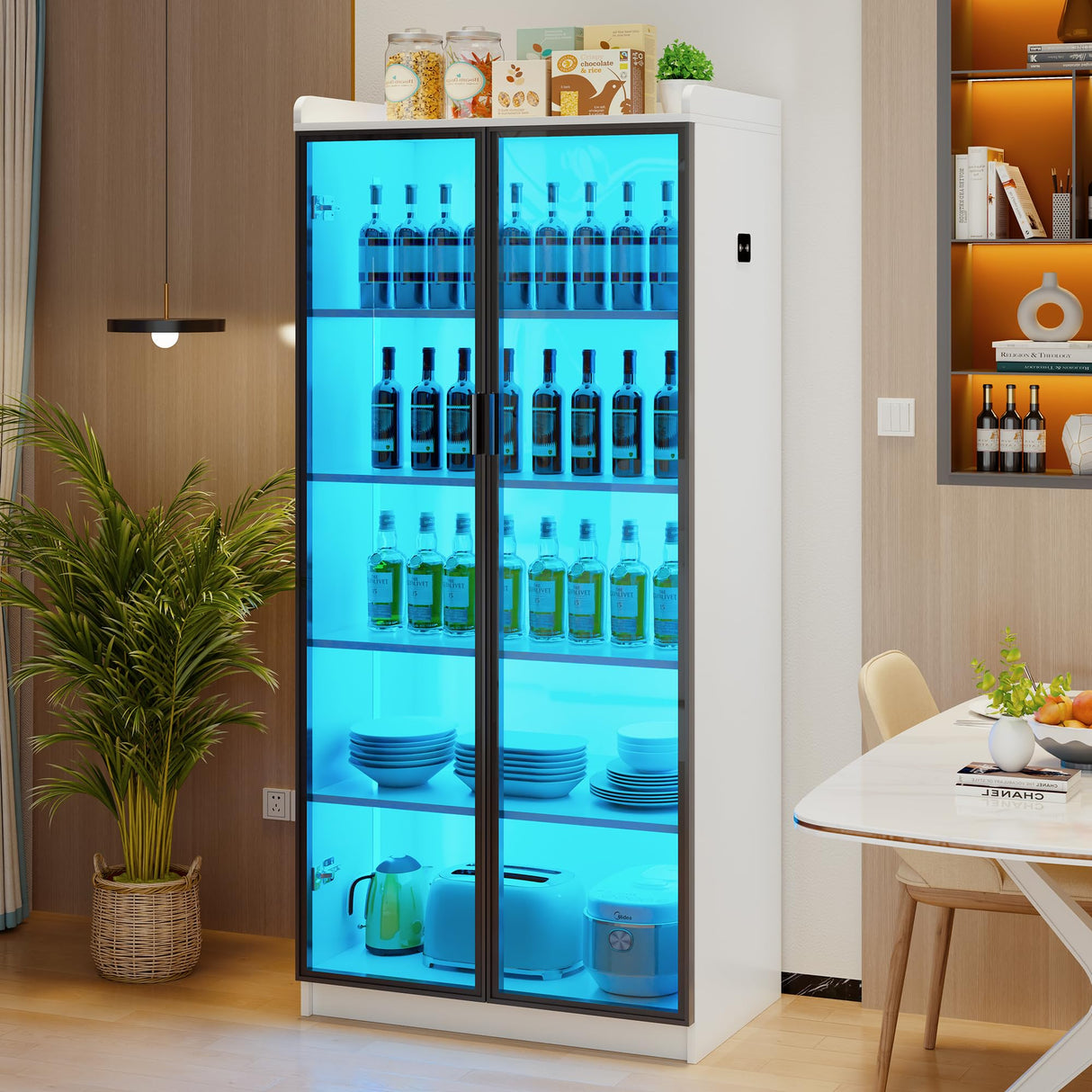 Lvifur 66" Tall Storage Cabinet, LED Kitchen Pantry Cabinet with Human Body Induction, 5 Tier Bookcase Display Cabinet with Adjustable Shelves for Living Room Office (White) Lvifur