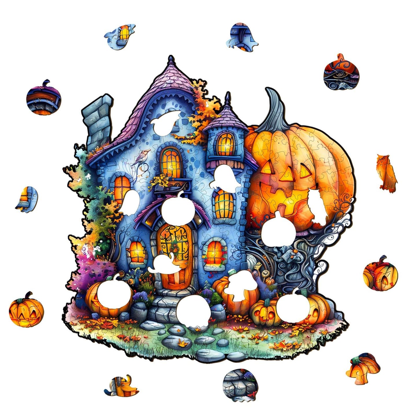 Wooden Puzzles for Adults, Halloween Pumpkin House Wooden Puzzles, Unique Shape Wood Puzzles Adults with Wood Box, Halloween Puzzles Gift for Friends Family Kids(S-8.5"x8.1" 100pcs)