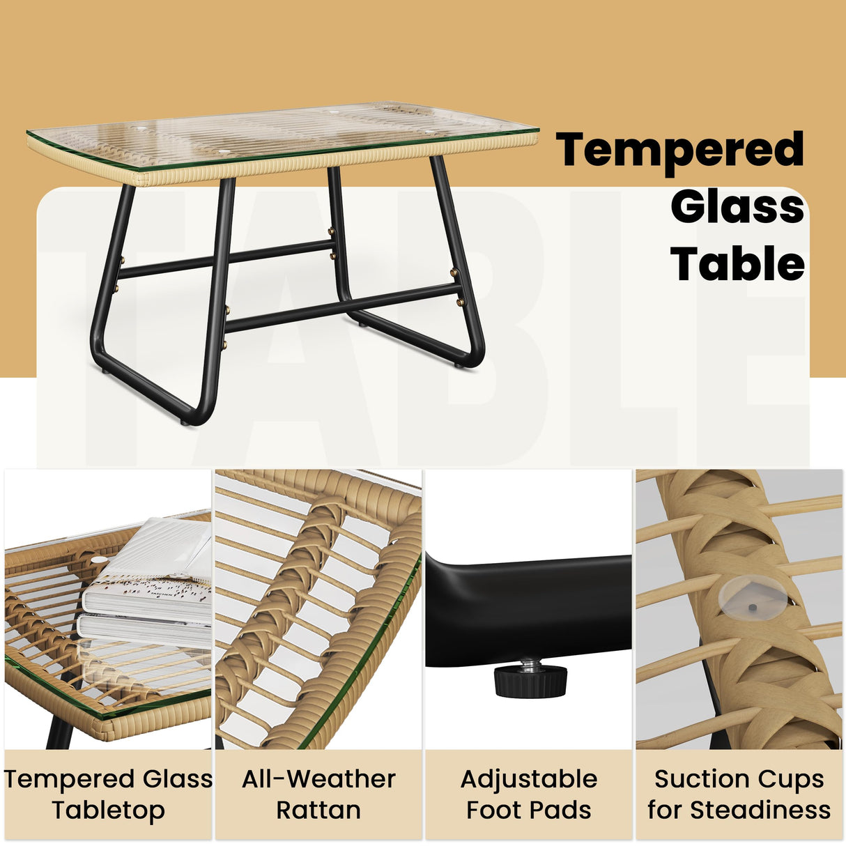 Yaheetech 4 Piece Patio Furniture Set, Outdoor Wicker Conversation Sets, Boho Loveseat & 2 Armchairs with Cushion and Pillow, Glass Top Table for Backyard, Porch, Balcony, Deck - Tan/Cream Yaheetech