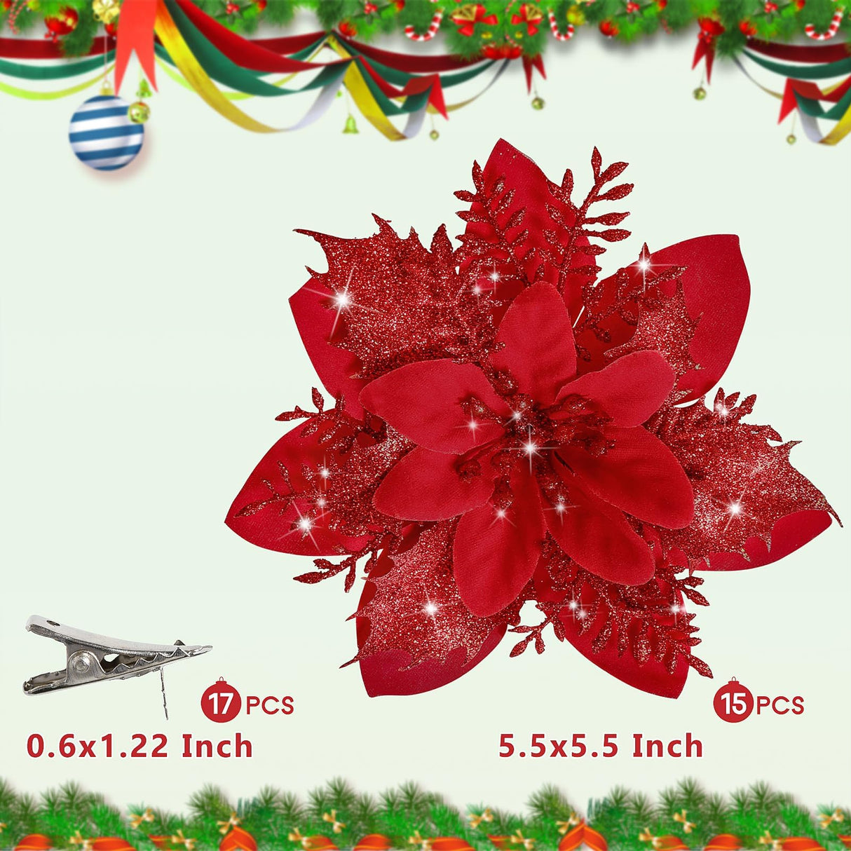 15 PCS Poinsettia Flower Artificial Poinsettia with Clips Christmas Decor Glitter Poinsettia Christmas Ornaments Christmas Tree Flower Decorations with Stems DIY Xmas Wreath Holiday Home Party Decor Childom