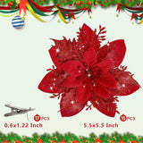 15 PCS Poinsettia Flower Artificial Poinsettia with Clips Christmas Decor Glitter Poinsettia Christmas Ornaments Christmas Tree Flower Decorations with Stems DIY Xmas Wreath Holiday Home Party Decor Childom
