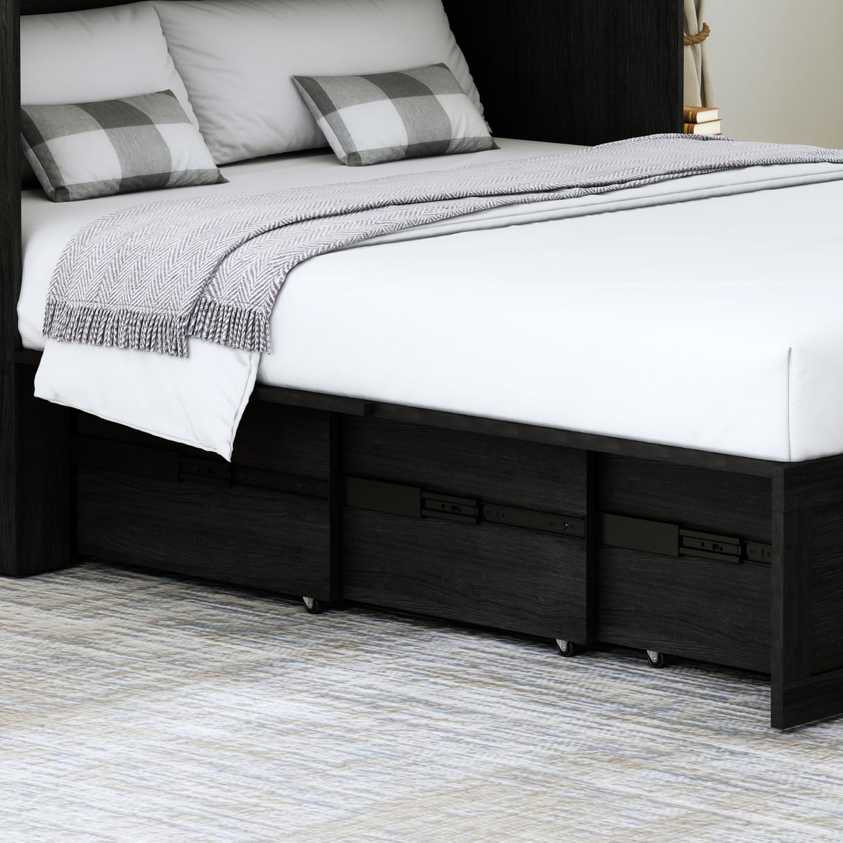 DalyLuxa Queen Size Multi-Functional Murphy Cabinet Bed with Charging Station, Farmhouse Queen Size Bed Frame with Drawer, Hidden Folding Murphy Bed Chest for Bedroom, Black DalyLuxa