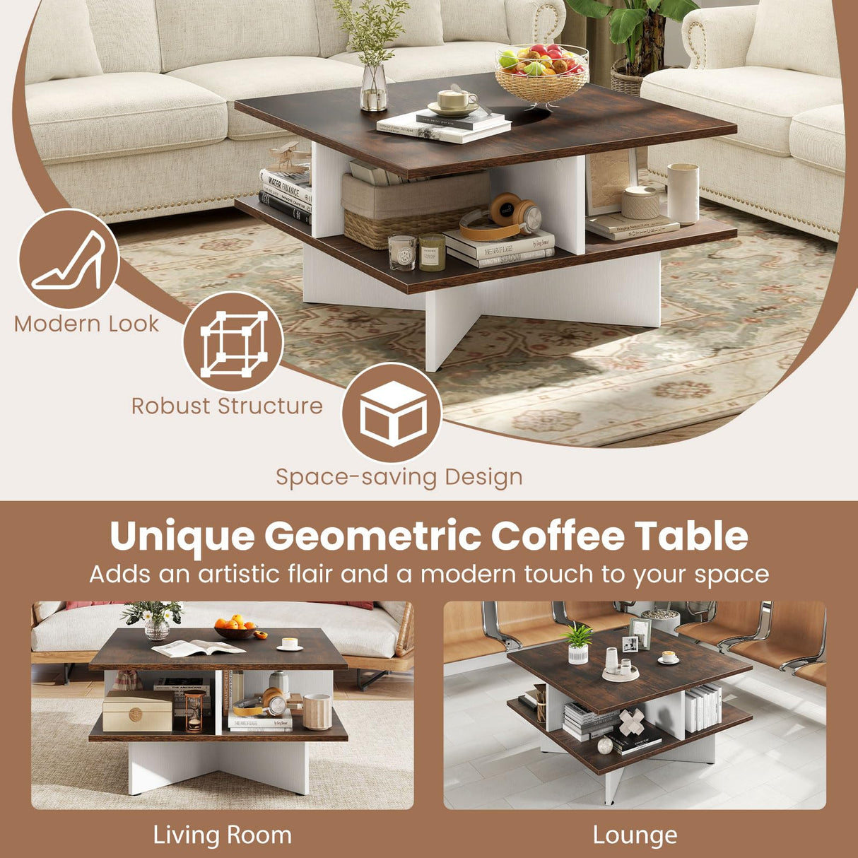 Giantex Square Coffee Table, Mid Century Modern Center Table with 4 Storage Compartments & Cross-Shape Base, 24 Inch Farmhouse Coffee Tables for Living Room (Brown) Giantex