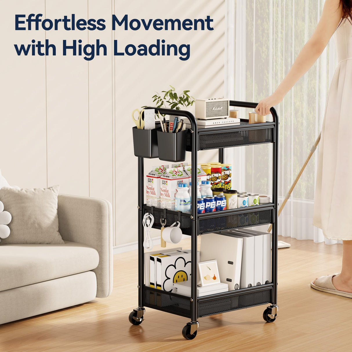 YASONIC 3 Tier Rolling Cart – Metal Utility Storage Cart with Wheels, Craft Cart Organizer with Hanging Cups, Hooks, Mesh Basket for Bedside Kitchen Office Art, Black YASONIC