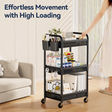 YASONIC 3 Tier Rolling Cart – Metal Utility Storage Cart with Wheels, Craft Cart Organizer with Hanging Cups, Hooks, Mesh Basket for Bedside Kitchen Office Art, Black YASONIC
