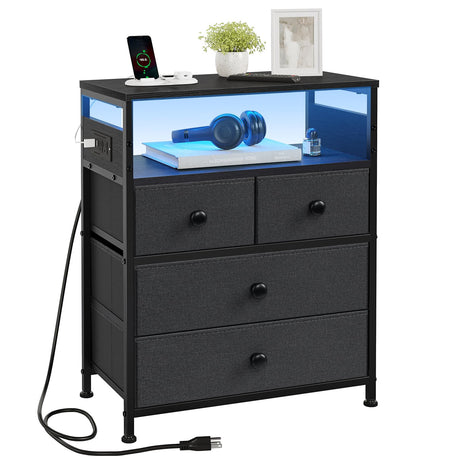 REAHOME Nightstand with Charging Station, Bedside Table with 4 Drawers and 2-Tier Shelf, Modern End Table with Wooden Top for Bedroom, Living Room, Hallway - Black Grey REAHOME