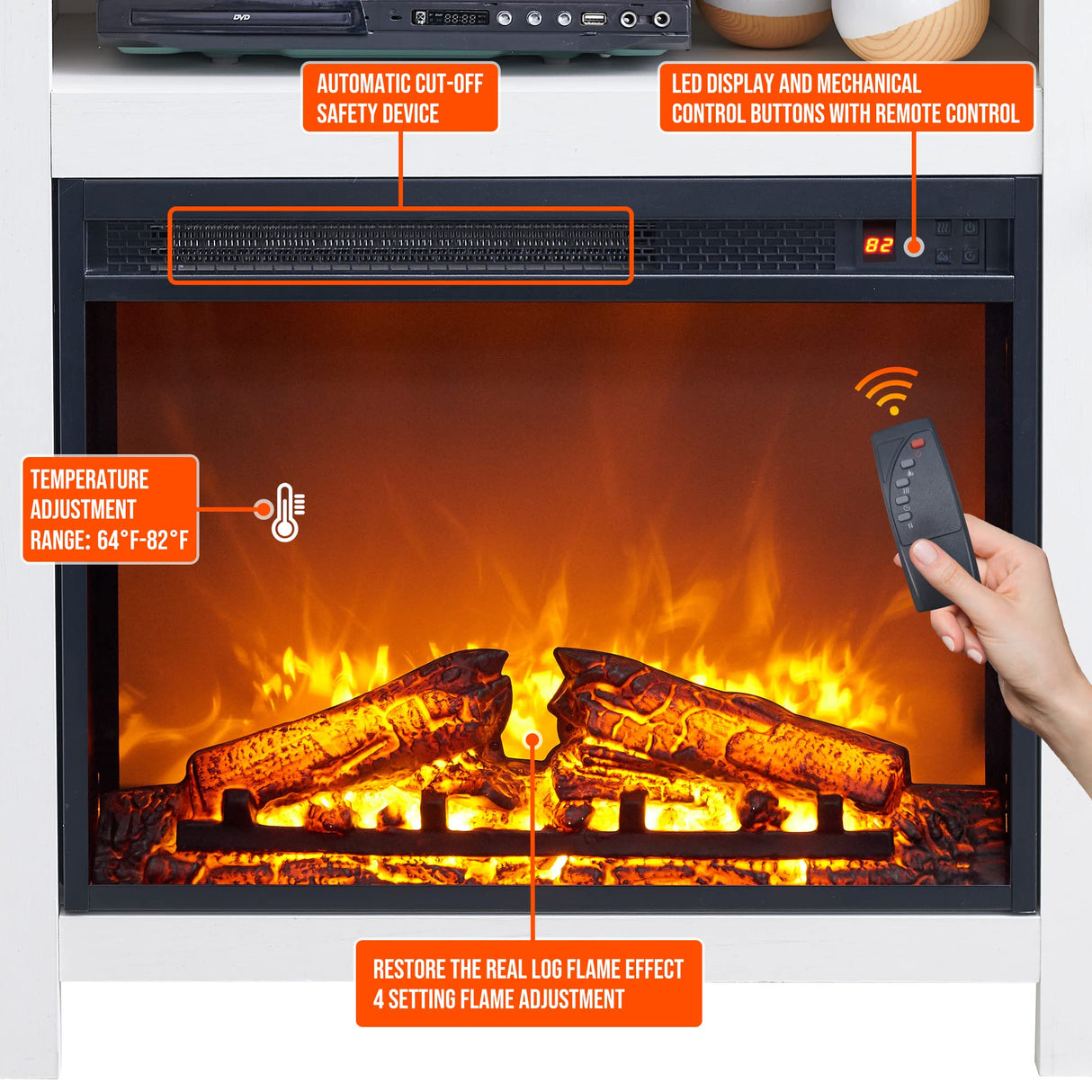 JXQTLINGMU Fireplace TV Stand for 80 Inch TV, Farmhouse Highboy Entertainment Center w/23'' Electric Fireplace & Cross Barn Door, Large TV Console for TVs Up to 80", 70 inches, White JXQTLINGMU