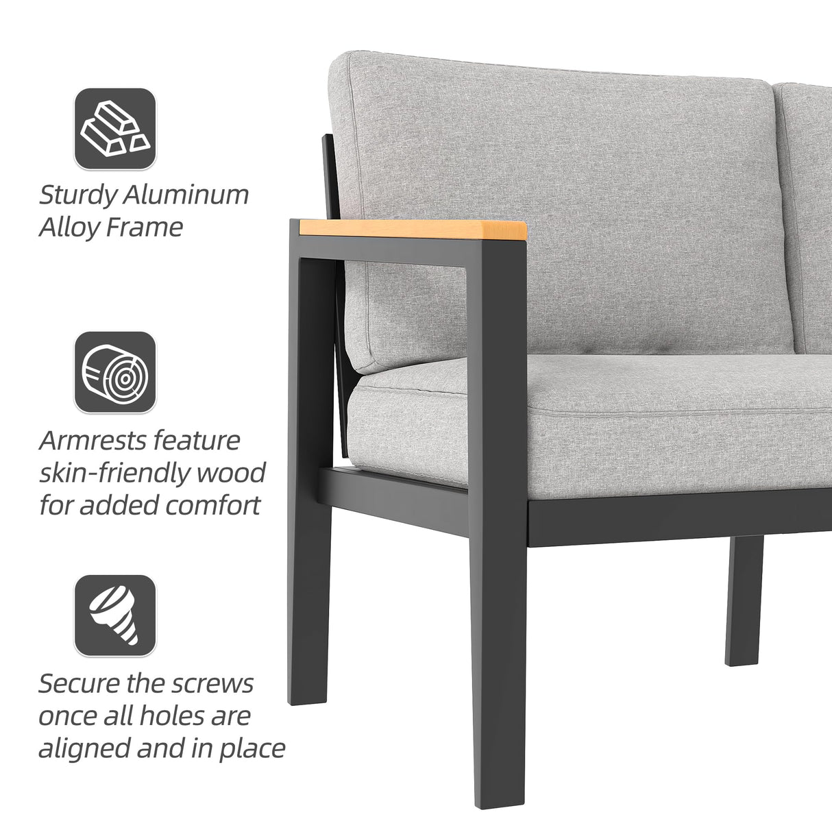 Outdoor Aluminum Furniture Set,4 Piece Patio Conversation Sets,Removable & Washable Cushion,Ink Color Tempered Glass Table Light Grey GAOMON