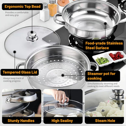 Steamer Pot Stainless Steel 2 Tier - 28cm Steamer Pot w/Glass Lid Food Veg Cooker Pot Cooking Pan Steaming Pot Dim Sum Cookware Steamer For Kitcken Cooking Tool