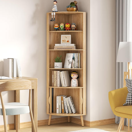 Limaoaio 5-Tier Corner Shelf, 66.73''Tall Modern Corner Bookshelf, 5 Shelf Bookcase with 2 Fluted Doors, Freestanding Wood Corner Display Storage Shelf Organizer for Living Room, Office (Wood Color) Limaoaio