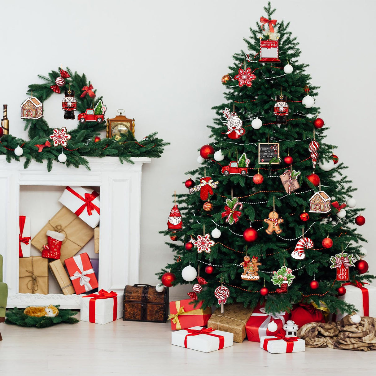 Huwena 40 Pcs Christmas Wooden Ornaments Red Christmas Decorations for Xmas Tree Wreaths Gingerbread Gnome Hanging Ornaments Nutcracker Peppermint Candy Wood Cutouts Christmas Decor for Home Huwena