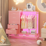 Dresser for Bedroom, Dresser with Hanging Rack Led Lights and Charging Station, Tall Dresser with 5 Fabric Chest of Drawers with PU Finish Storage Organizer, for Living Room Kids Room Closet, Pink SOOWERY