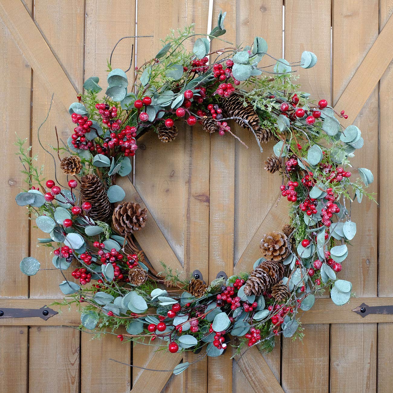 Bibelot 20 inches Red Berry with Pine Cones Wreath Christmas Wreath for Front Door Wreath Artificial Green Leaves Festival Decor Wreath Farmhouse Rustic Winter Home Wall Windows Decor (Red) …