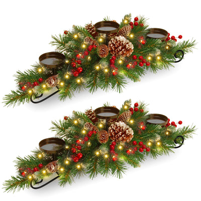 4 Pcs Christmas Table Centerpiece Decoration with 3 Christmas Candle Holders LED Fairy Lights String Lights Battery Operated Artificial Red Berries Pine Cones for Kitchen Indoor Home (Rustic Style)