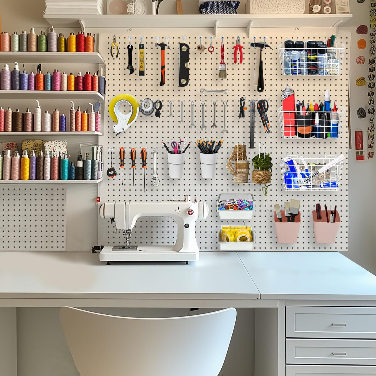 Pegboard Basket Organizers, Peg Board Large Baskets Hooks Bins Cups Tool Organizer 42 Pack Set, Wall Storage Display Hanging Accessories for Craft Office Stadio Shed Garage Organization (White & Pink) G.CORE