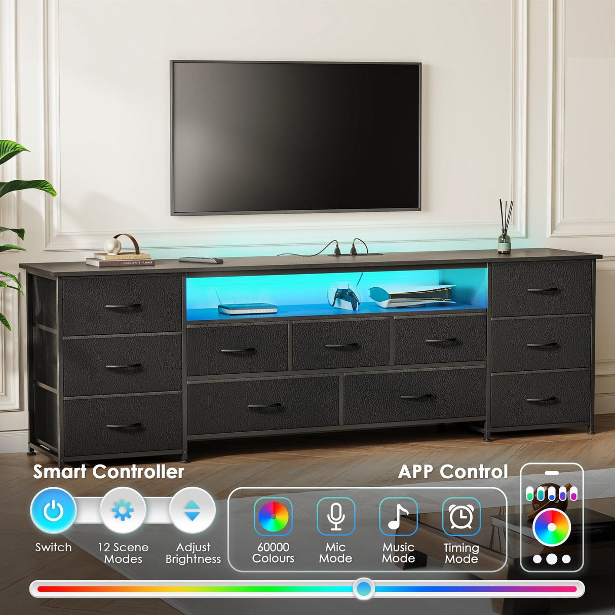 Huuger 70 Inch TV Stand for 75, 80 Inch TV, 11 Drawer Long Dresser with Power Outlets and LED Lights, Entertainment Center with Storage, Black Dresser with PU Leather Surface, 1TS011B Huuger