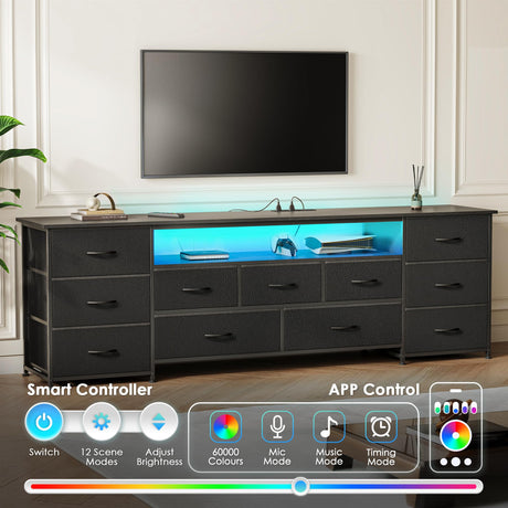 Huuger 70 Inch TV Stand for 75, 80 Inch TV, 11 Drawer Long Dresser with Power Outlets and LED Lights, Entertainment Center with Storage, Black Dresser with PU Leather Surface, 1TS011B Huuger