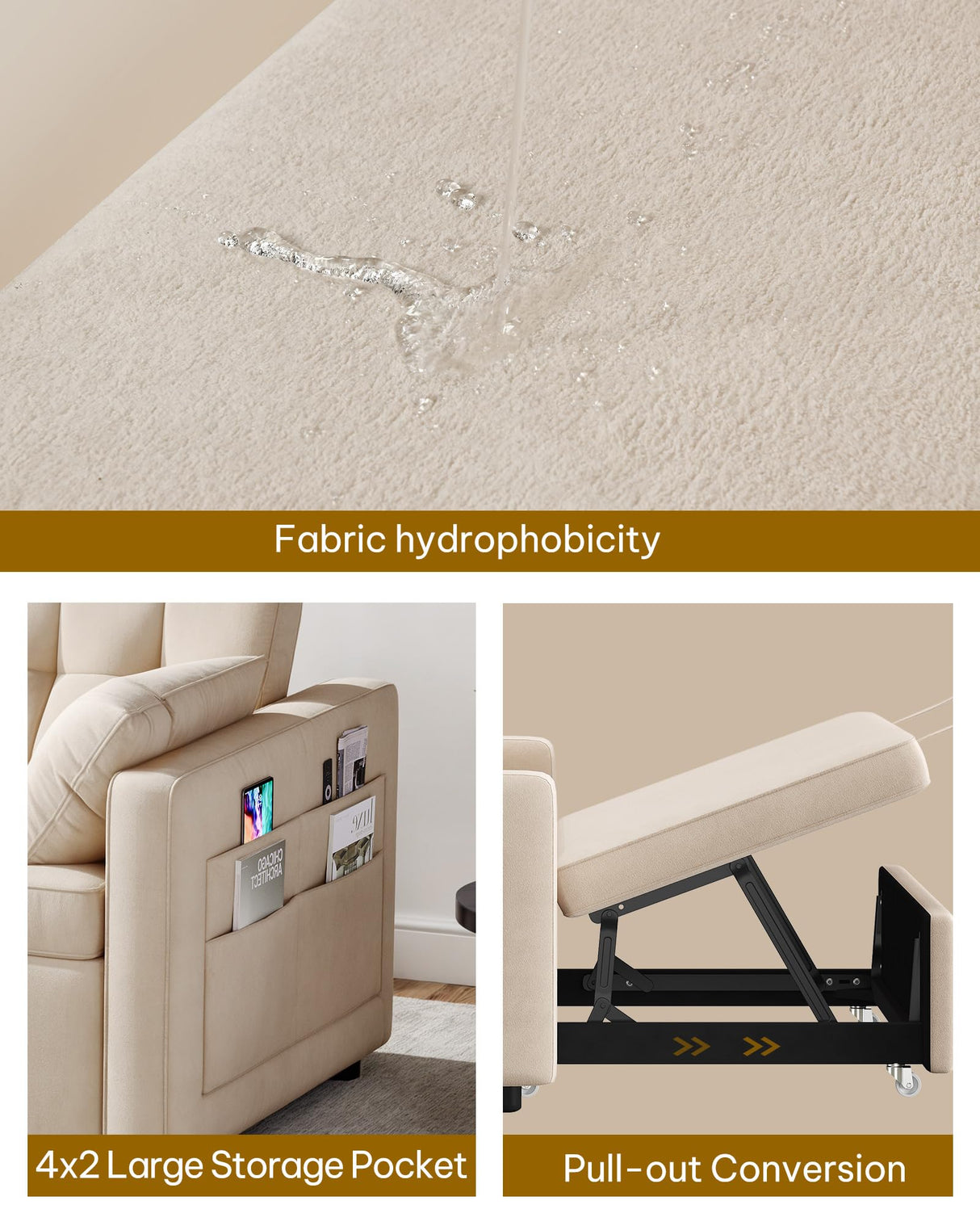 DWVO 55" Convertible Sofa Bed, 3-in-1 Sleeper Sofa with Pull-Out Bed, Velvet Futon Couch with Adjustable Backrest and Side Pocket, Modern Loveseat for Living Room Apartment, Beige DWVO