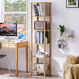 YUFAM 66in Tall Bookshelf 6-Tier Small Narrow Bookcase, Skinny Book Shelf for Small Space, Farmhouse Slim Shelf with Storage, Wood Freestanding Display Thin Bookshelves for Living Room, Natural YUFAM