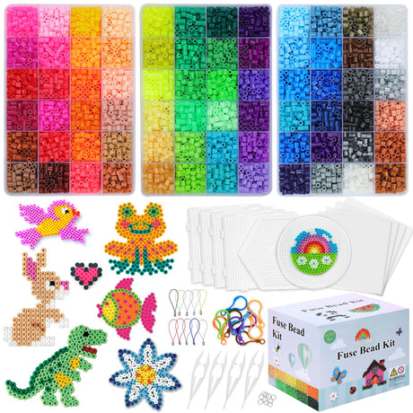 QUEFE Fuse Beads Kit of 72 Assorted Colors, 15000 5mm Beads Craft Kit Including Pegboard, Melting Beads, Ironing Paper, Tweezers & Colorful Hooks, Great Creative Arts and Crafts Set for Girls QUEFE