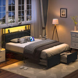 Yoobure Black Queen Bed Frame with Headboard, LED Lights & Charging Station, Storage Drawers, No Box Spring Required Yoobure