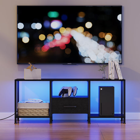 JARHETUN TV Stand with LED Lights, Entertainment Center with Open Shelves and Fabric Drawer, Media Console for 55 Inch TV, Television Stands for Living Room, Bedroom, Black JARHETUN