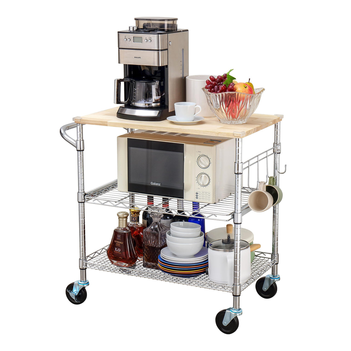 Finnhomy 3-Tier Rolling Kitchen Cart with 18" D x 30" W Oak Wood Tabletop, Kitchen Island Cart with 4" Wheels and Slider Shelf, Microwave Cart & Coffee Cart with Hooks for Dining Room, Chrome Finnhomy