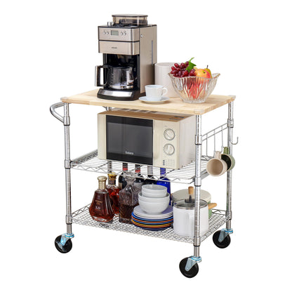 Finnhomy 3-Tier Rolling Kitchen Cart with 18" D x 30" W Oak Wood Tabletop, Kitchen Island Cart with 4" Wheels and Slider Shelf, Microwave Cart & Coffee Cart with Hooks for Dining Room, Chrome