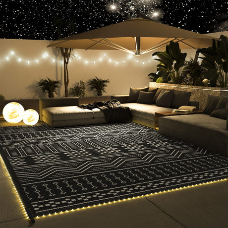 Outdoor Rug Carpet Waterproof 8x10 ft with LED Strip Lights-Patio Rug Mat Indoor Outdoor Rug for RV Camping Picnic Reversible Lightweight Plastic Straw Outside Rug for Patio Decor Decoration Boho Rug COCOER