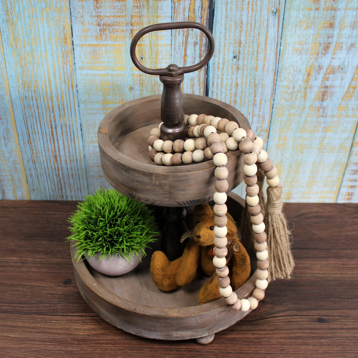 CVHOMEDECO. Wood Beads Garland with Tassels Farmhouse Rustic Wooden Prayer Bead String Wall Hanging Accent for Home Festival Decor. Mix Distressed CVHOMEDECO.