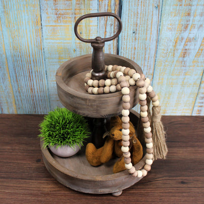 CVHOMEDECO. Wood Beads Garland with Tassels Farmhouse Rustic Wooden Prayer Bead String Wall Hanging Accent for Home Festival Decor. Mix Distressed