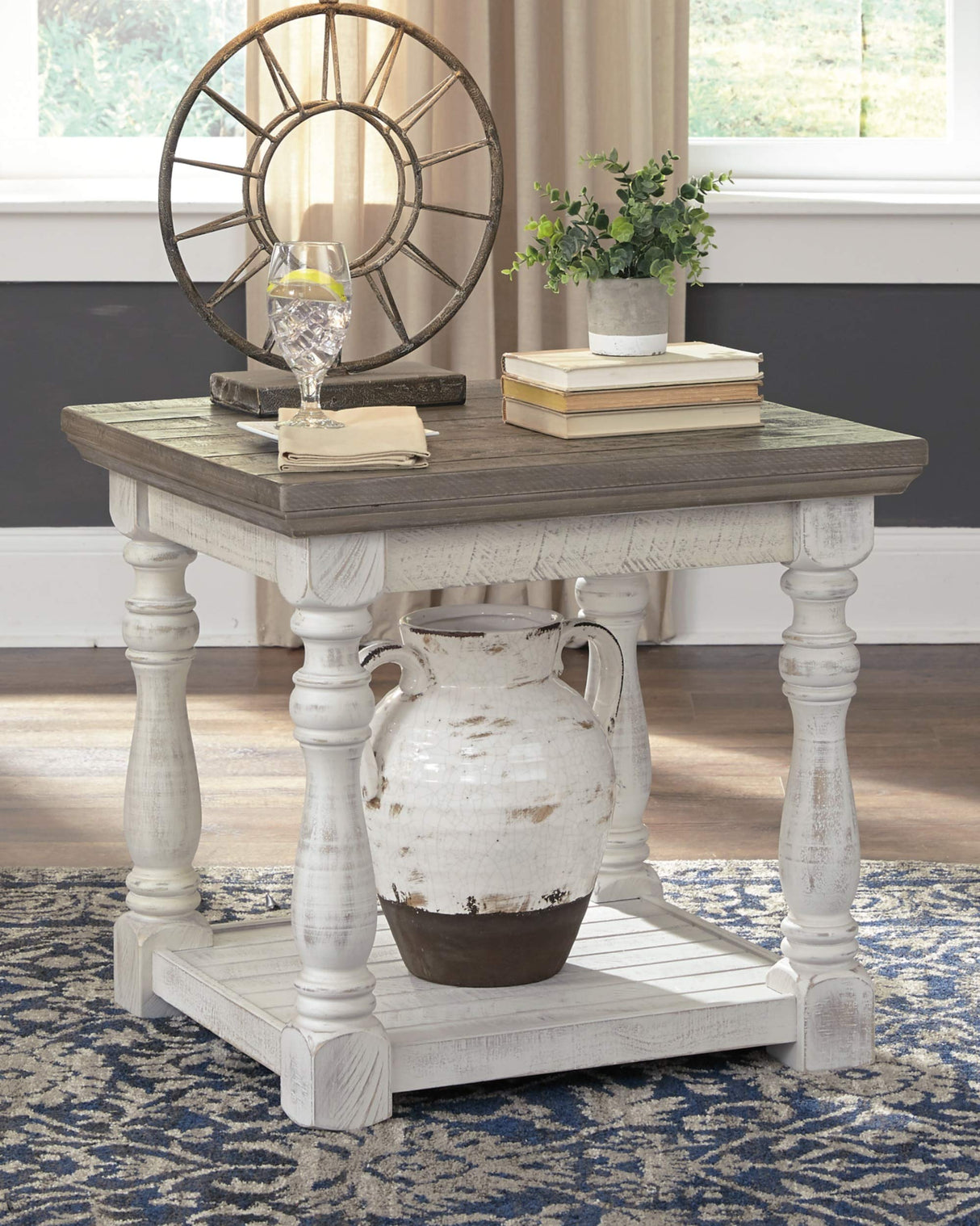 Signature Design by Ashley Havalance Farmhouse Square End Table with Floor Shelf, Vintage Gray & White with Weathered Finish Signature Design by Ashley