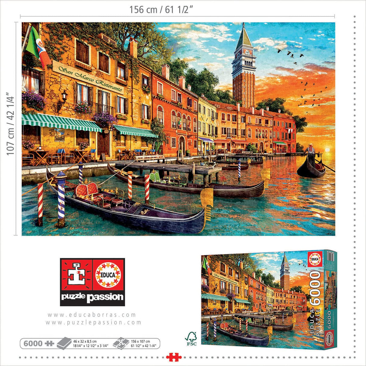 Educa - San Marco Sunset - 6000 Piece Jigsaw Puzzle - Puzzle Glue Included - Completed Image Measures 61.5" x 42.25" - Ages 14+ (19286) Educa