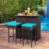 RELAX4FLIE 3-Piece Outdoor Bar Set, Patio Wicker Bar Table and Chairs Set w/Cushioned Stools 2 Open Shelves & Glass Table Top, Rattan Bar Table Set for Poolside, Garden and Backyard (Turquoise) RELAX4LIFE