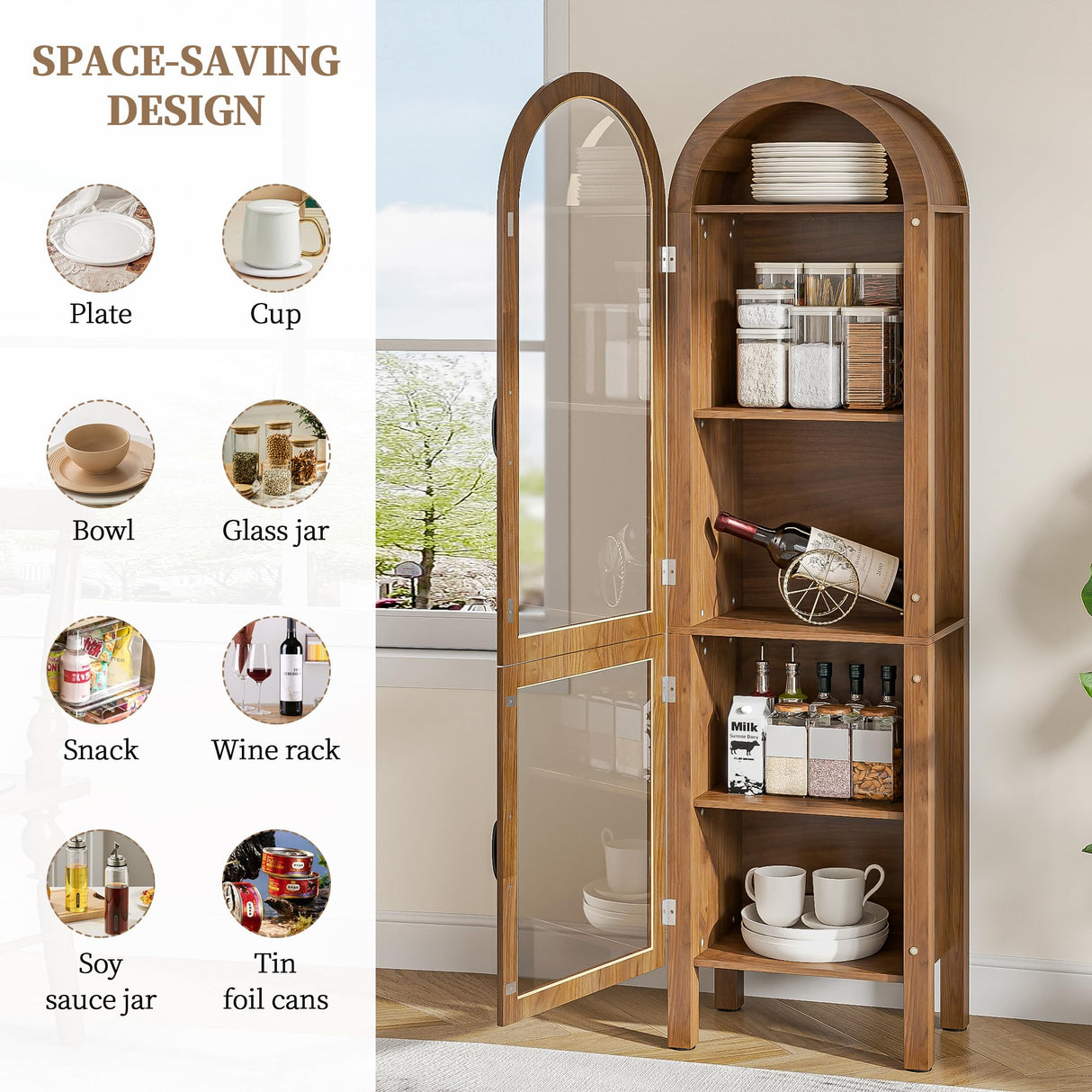 Lxsxhome 64.17'' Tall Arched Modern Walnut Display Cabinet with Acrylic Glass Doors, 5-Tier Kitchen Pantry Storage Cabinet, Bookcase for Living Dining Room Lxsxlome