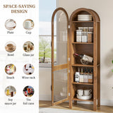 Lxsxhome 64.17'' Tall Arched Modern Walnut Display Cabinet with Acrylic Glass Doors, 5-Tier Kitchen Pantry Storage Cabinet, Bookcase for Living Dining Room Lxsxlome
