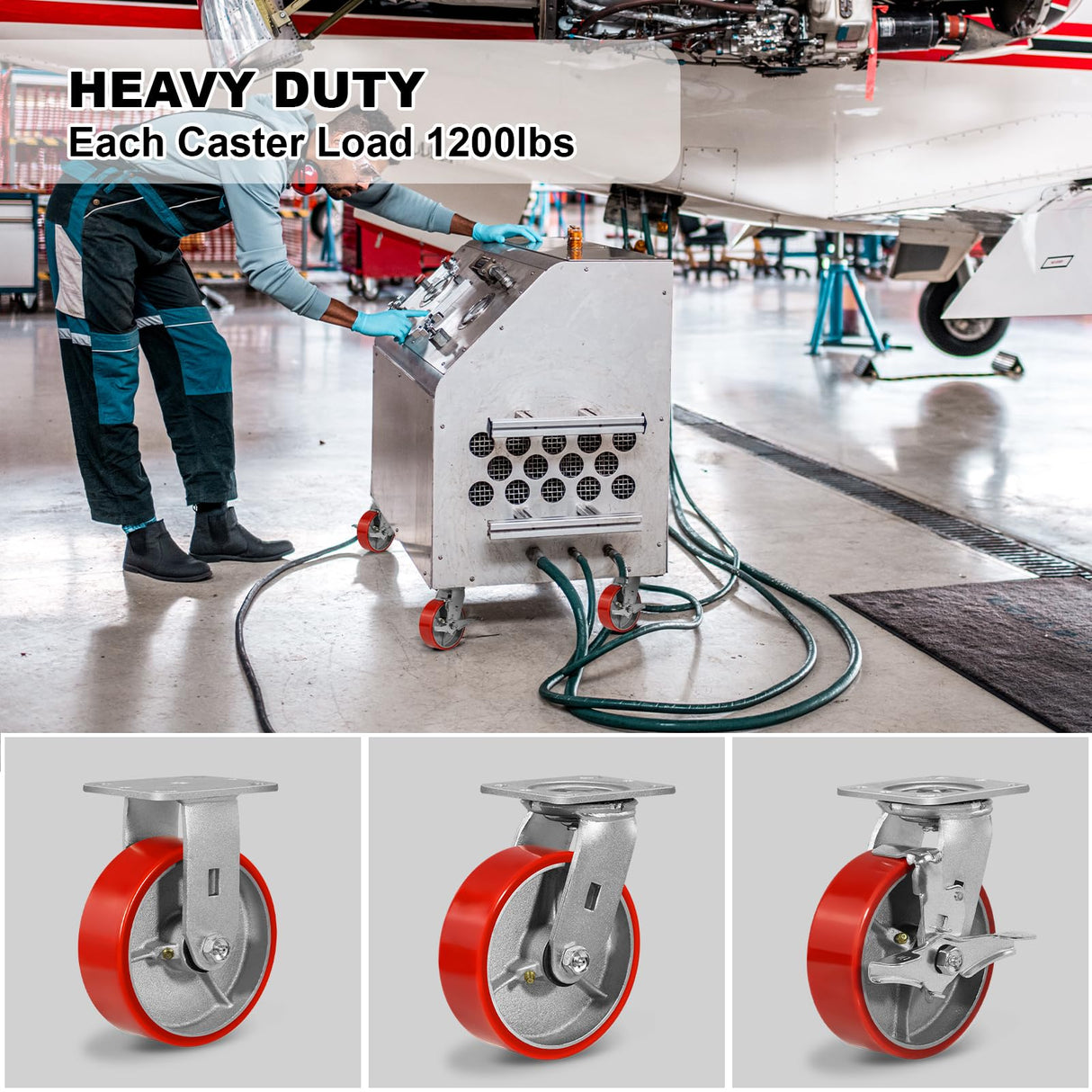 NINOSO 6'' Caster Wheels, Heavy Duty Casters with Polyurethane Wheel, Industrial Casters Set of 4 with Capacity 4800lbs, Widely Used in Workbench Tool Box Furniture (4 Pack Brakes) Ninoso